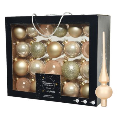 Kerstballen - 42x st - 5, 6, 7 cm - met matte piek - champagne - glas - kerstversiering Kerstballen - 42x st - 5, 6, 7 cm - met matte piek - champagne - glas - kerstversiering