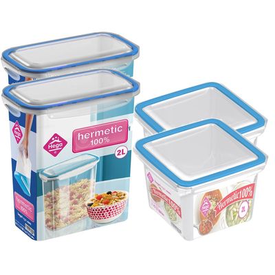 4x Voorraad/vershoudbakjes 2 liter transparant/blauw