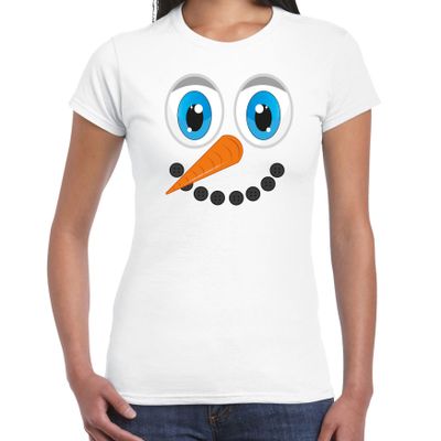 Fout kersttrui t-shirt voor dames - Sneeuwpop gezicht - wit