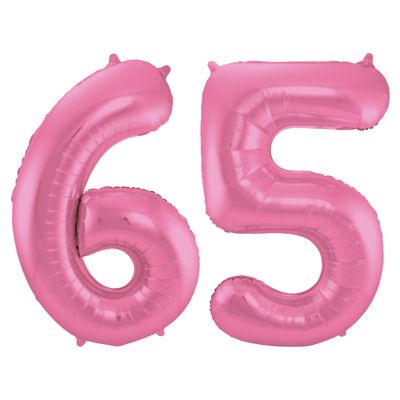 Grote folie ballonnen cijfer 65 in het glimmend roze 86 cm