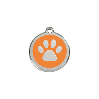 Paw Print Orange roestvrijstalen hondenpenning small/klein dia. 2 cm - Reddingo