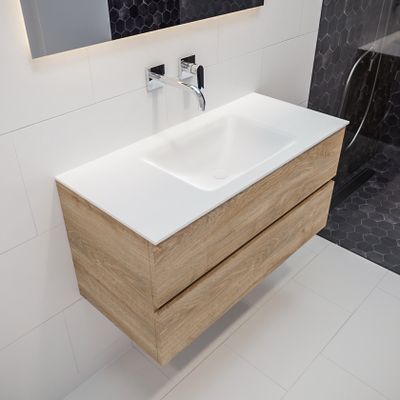 Mondiaz Vica Cloud badmeubel eiken licht 100 cm 2 lades solid surface enkele spoelbak midden zonder kraangat