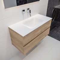 Mondiaz Vica Cloud badmeubel eiken licht 100 cm 2 lades solid surface enkele spoelbak midden zonder kraangat