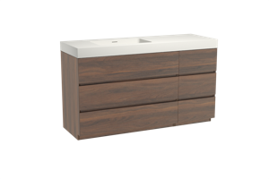 Storke Edge staand badmeubel 150 x 52 cm notenhout met Mata High asymmetrisch linkse wastafel in solid surface mat wit