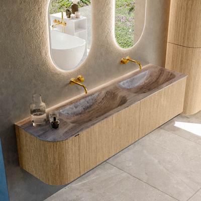 Badmeubel Mondiaz Kurve-Dlux | 175 cm | Meubelkleur Oak | Wastafelkleur Oza | Solid surface | Dubbel / Rechts spoelbak | Zonder kraangat(en)