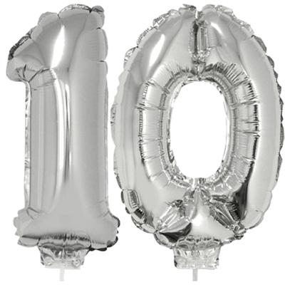 10 jaar leeftijd feestartikelen - versiering cijfers - ballonnen op stokje - van 41 cm - zilver 10 jaar leeftijd feestartikelen - versiering cijfers - ballonnen op stokje - van 41 cm - zilver