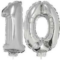 10 jaar leeftijd feestartikelen - versiering cijfers - ballonnen op stokje - van 41 cm - zilver