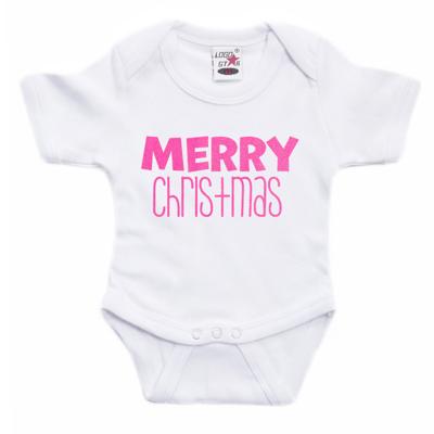 Kerst baby rompertje - wit - glitter roze - Merry Christmas - Kerst cadeau