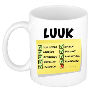 Naam mok Luuk - wit - top gozer - keramiek - 300 ml - cadeau collega beker