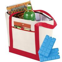 Shoppartners draag Koeltas - hengsels - naturel/rood - met 4x koelelementen van 200 ml