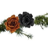 Kerstboomversiering bloemen op clip - 2x st - koper en zwart - 10 cm