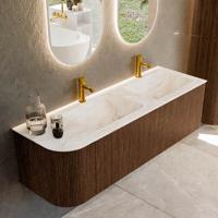 Badmeubel Mondiaz Kurve-Dlux | 145 cm | Meubelkleur Walnut | Wastafelkleur Frappe | Solid surface | Dubbele spoelbak | 2 kraangaten Badmeubel Mondiaz Kurve-Dlux | 145 cm | Meubelkleur Walnut | Wastafelkleur Frappe | Solid surface | Dubbele spoelbak | 2 kraangaten