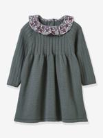 Jurk in gebreide trui met kraag in Liberty stof baby CYRILLUS olijf