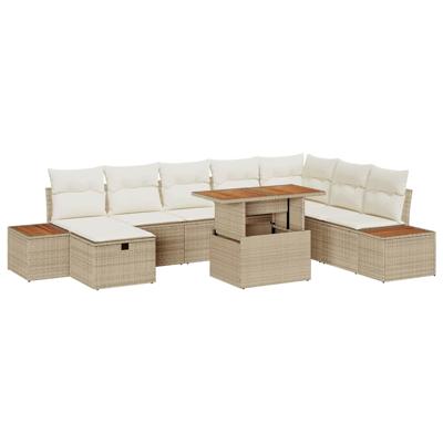 9-delige tuinset met beige kussens van poly rattan en acacia.