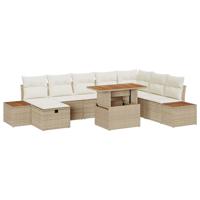 9-delige tuinset met beige kussens van poly rattan en acacia.