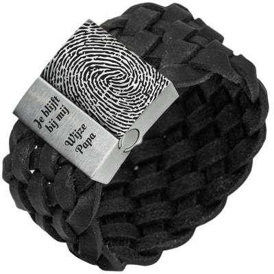 Vingerafdruk op je armband - Zwart of bruin gevlochten leren Armband (Kleur: Gevlochten zwart leder)