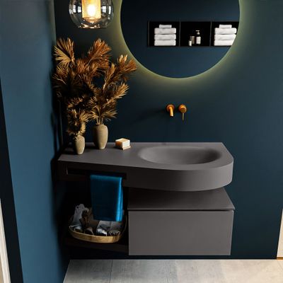 MONDIAZ RIVA 100cm badmeubel onderkast / planchet kleur Dark_Grey met 1 lade. Wastafel DULCET rechts 0 kraangaten kleur Dark_Grey. MONDIAZ RIVA 100cm badmeubel onderkast / planchet kleur Dark_Grey met 1 lade. Wastafel DULCET rechts 0 kraangaten kleur Dark_Grey.