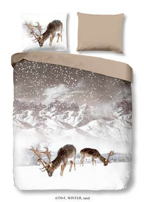 Good Morning Dekbedovertrek "herten in winterlandschap" - Zand - (240x200/220 cm) - Katoen Flanel