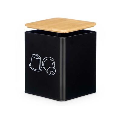 Koffie cups/capsules houder - metaal - 14 x 14 x 16 cm - voor 50 capsules - zwart - bamboe deksel