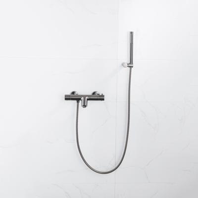 Fortifura Calvi Thermostatische badkraan met staafhanddouche, handdouchehouder en metalen doucheslang Geborsteld Gunmetal PVD SW766537/SW720568/SW720225/SW706207