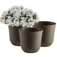 Bloempot/plantenpot - 3x - taupe - kunststof - D32 cm - gevlochten mand look - binnen/buiten gebruik