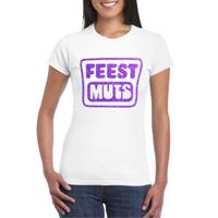 Verkleed T-shirt voor dames - feest muts - wit - glitter paars - carnaval/themafeest - thumbnail